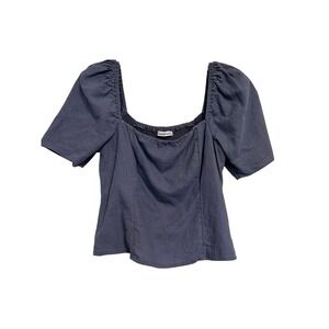 ABERCROMBIE & FITCH Sz S Top Linen Blend Puff Sleeve Crop Smocked Blue Milkmaid